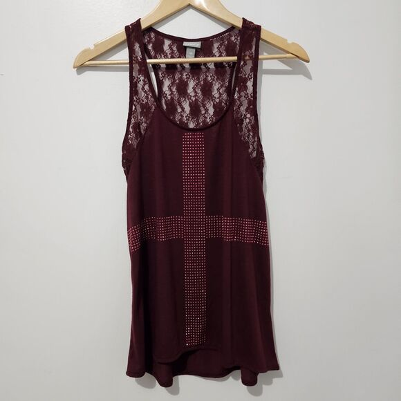 Vanity - Tank Top Lace Bedazzled Y2k - Size M - Maroon - Picture 2 of 8